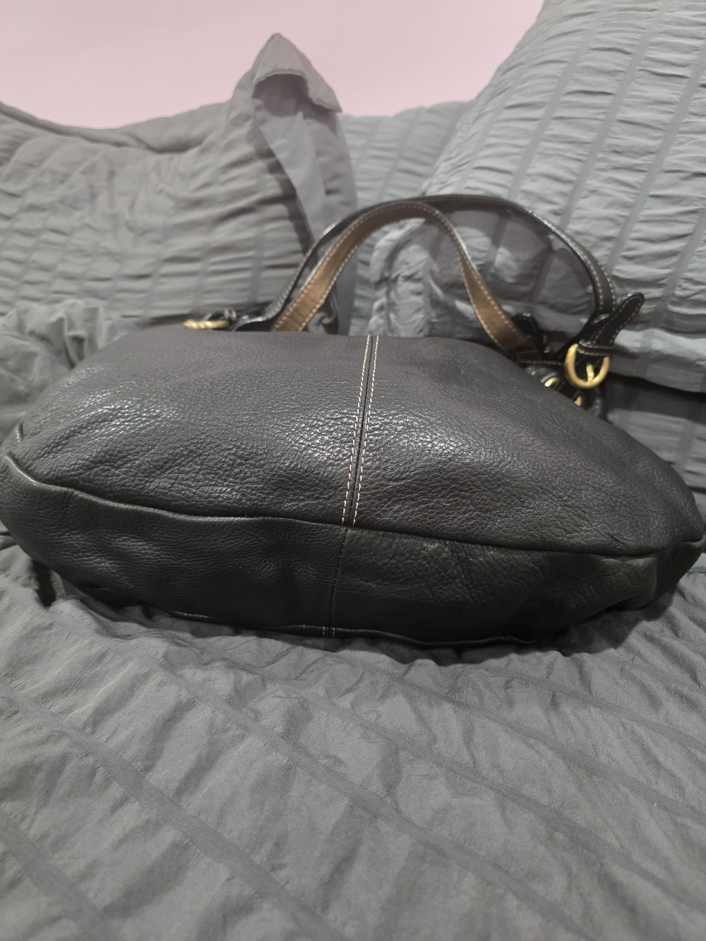 Luce Black Pebbled Leather Shoulder Bag with Decorative Medallion Accent - Picture 3 of 13